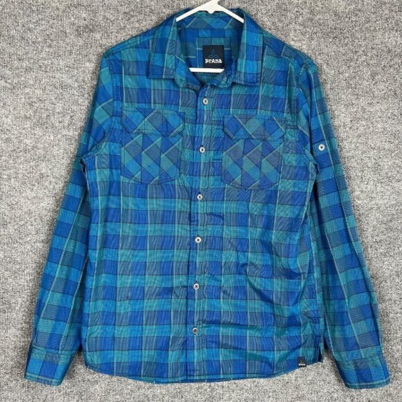 PrAna Men's Button Down Long Sleeve Organic Cotton Blend Blue Shirt Sz‎ M - Picture 1 of 9